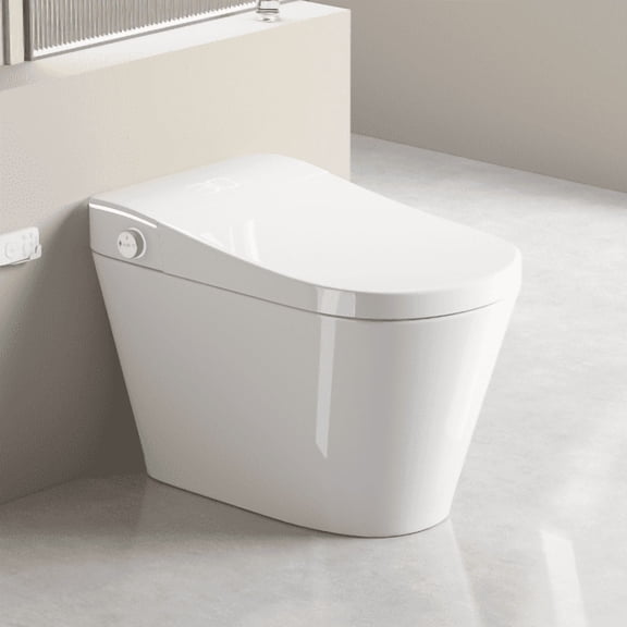 White Smart Bidet Toilet, Auto Open & Close Lid, Heated Seat, Instant Warm Water Wash, Warm Air Drying, Wireless Remote Control & Power Outage Flush, White Ceramic One-Piece Toilet