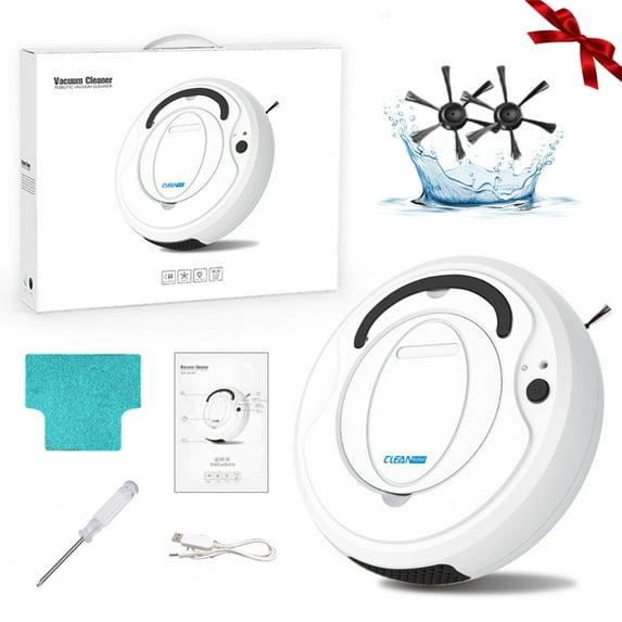 White Smart Robot Vacuum and Mop - 26x6.8cm, 60+ Min Runtime, 3H Charge, Powerful Suction, Slim Design for Hard Floors, Includes Mop Pad & USB Cable