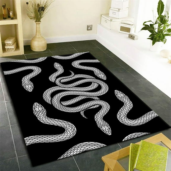 White Snake Area Rug, Black Background On Tropical Theme Living Room Rug, Seamless Pattern Design Home Decor Carpets, Washable Carpet With Non-Slip Backing For Bedroom Dining Room-4x8ft