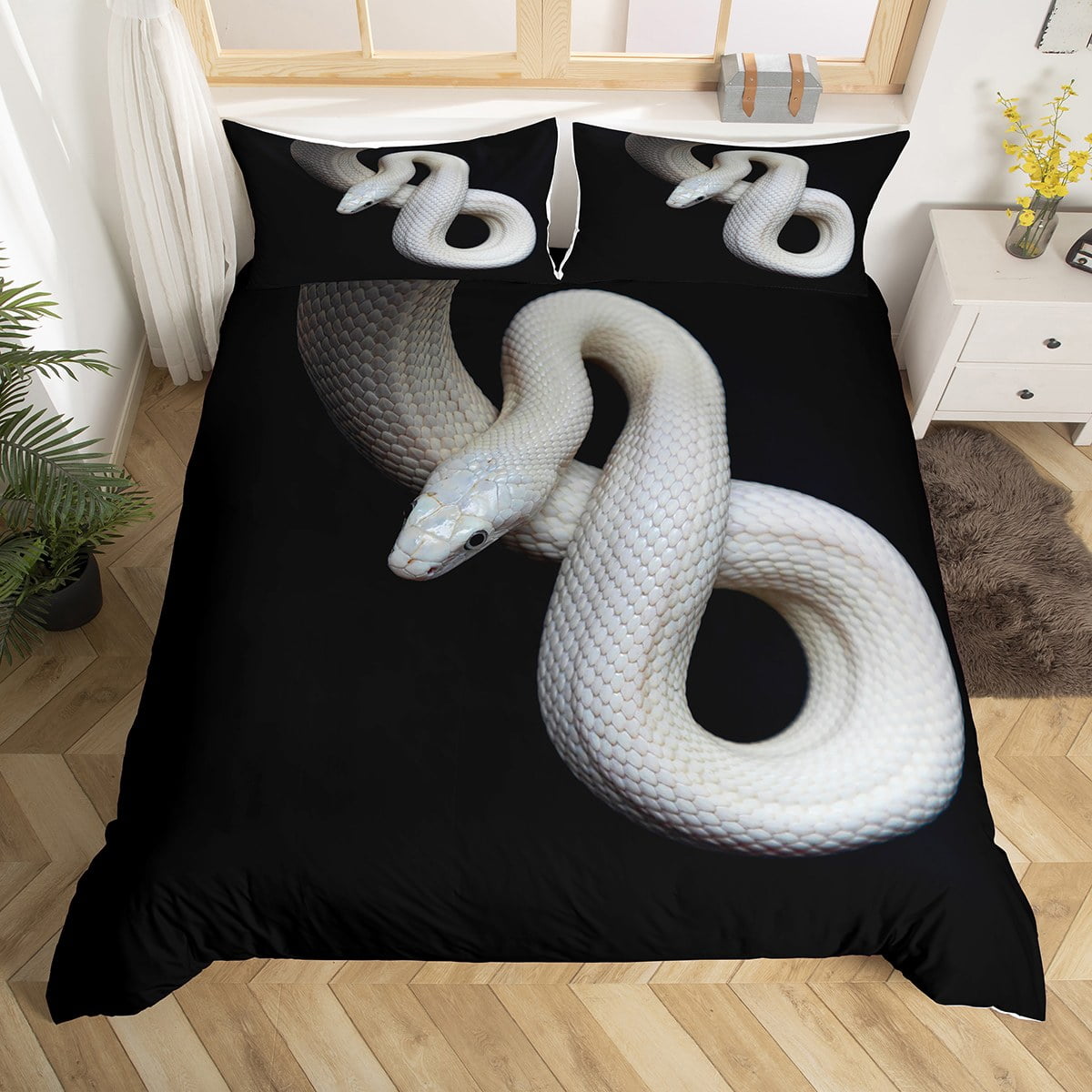 White Snake Bedding Set,Little Dragon Reptile Duvet Cover,African