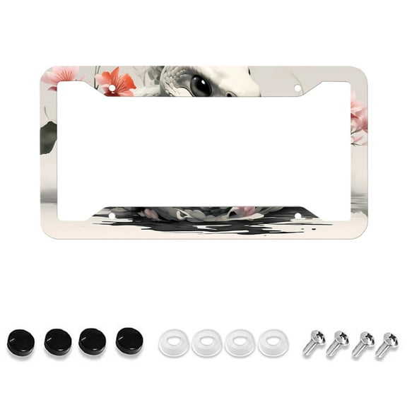 White Snake Pattern License Plate Frame, Flower License Plate Frame, Cartoon License Plate Frame, Front License Plate Cover, Car Accessories 4-Hole With Screws, 1 Piece, 12x6 Inches