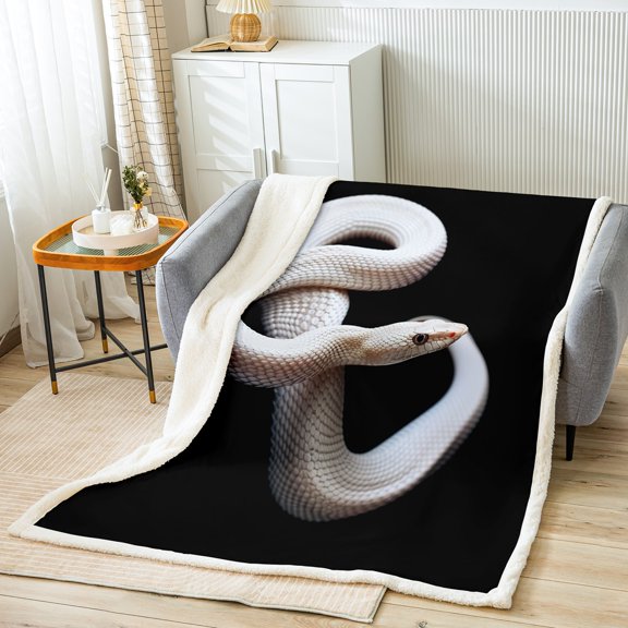 White Snake Throw Blanket,3D Serpentine Dragon Blanket,African Safari Animal Tropical Jungle Animals Fleece Blanket 50"x60",Wildlife Snake Hide Sherpa Blanket Black