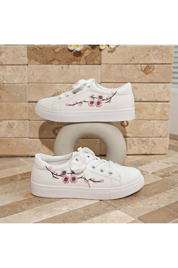 White Sneakers for Women Floral Embroidery Low Top Sneakers Flat Lace Up Shoes for Women (White 15)