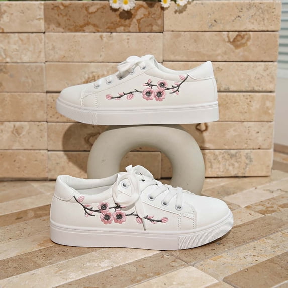White Sneakers for Women Floral Embroidery Low Top Sneakers Flat Lace Up Shoes for Women (White 6.5)