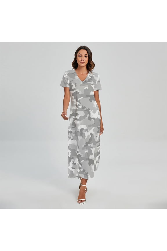 White Snow Camouflage Printed Short Sleeve Maxi Dress, Camo Camouflage Fashion Summer Maxi Dress For Women