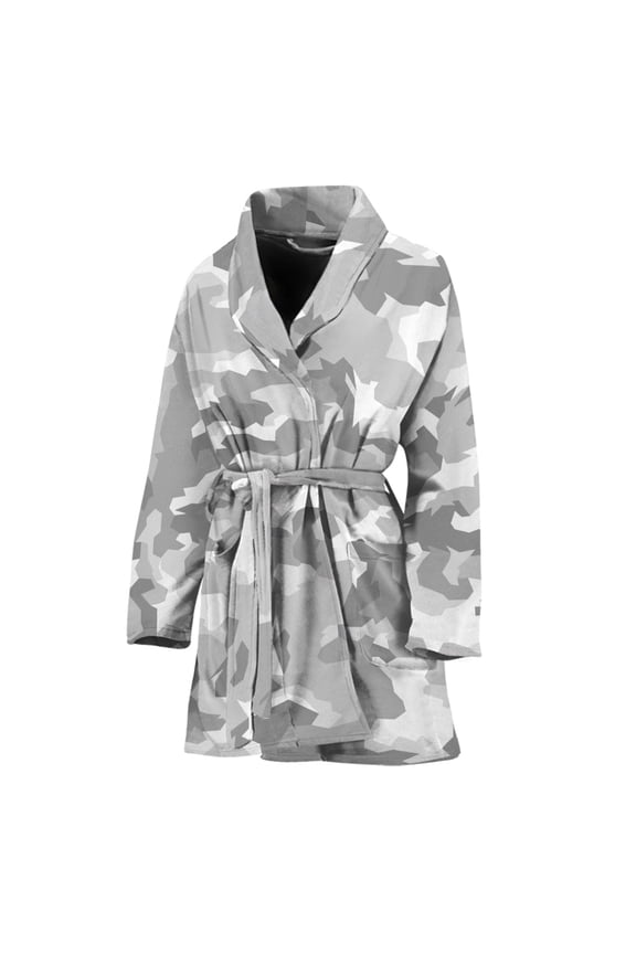 White Snow Camouflage Women Bathrobe One Size Univeral Fits, Camo Camouflage Fashion Lightweight Plush Fleece Long Robe For Women
