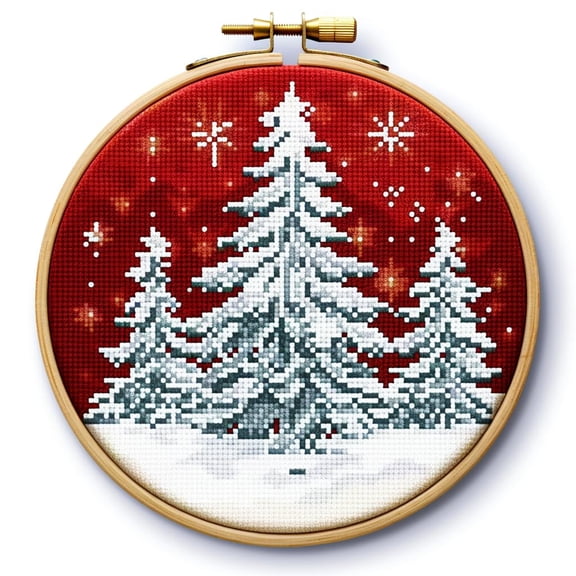 White Snow Christmas Tree with Red Background Stamped Cross Stitch Kits for Beginners Easy with Hoop 11CT Needlepoint Embroidery DIY Counted Cross Stitch Kits Art Craft Wall Decor 35x35cm(2)