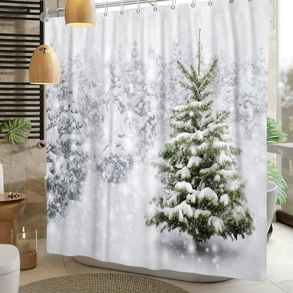 White Snow Fabric Shower Curtain for Bathroom Pine Trees Leaves Winter Bathtub Decoration Green Leaf Forest Snowflakes Waterproof Cloth Shower Curtains with Hooks 84x72 inches