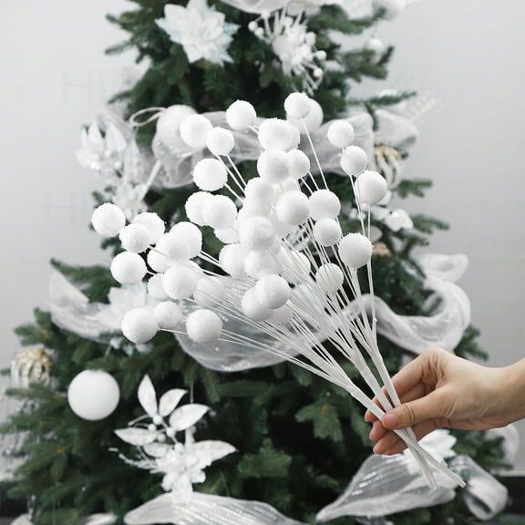 White Snowball Cuttings Christmas Decorations - Hanging Ornaments for Christmas Trees & Window Scene Arrangements, Festive Snowball Branches to Boost Winter Holiday Vibe, 17.7in/45cm, White