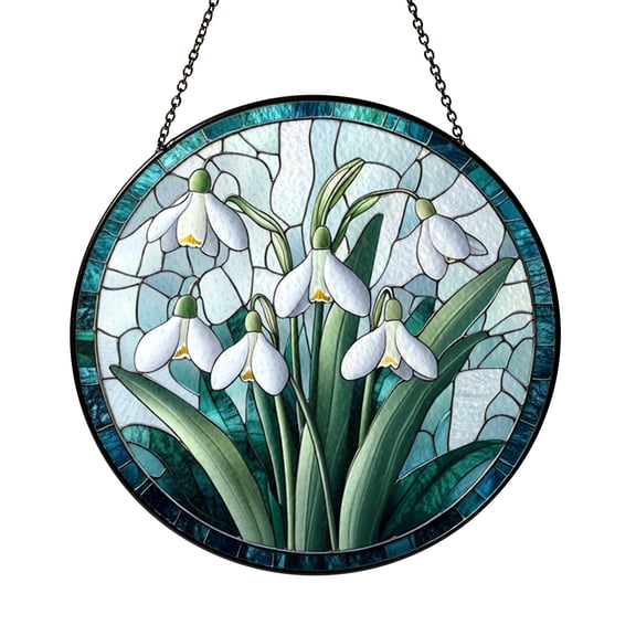 White Snowdrop Faux Stained Glass Window Hanging – Floral Spring Decor