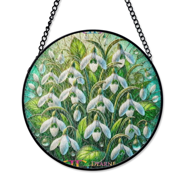 White Snowdrops Spring Suncatcher Stained Glass Effect Floral Window Art Round