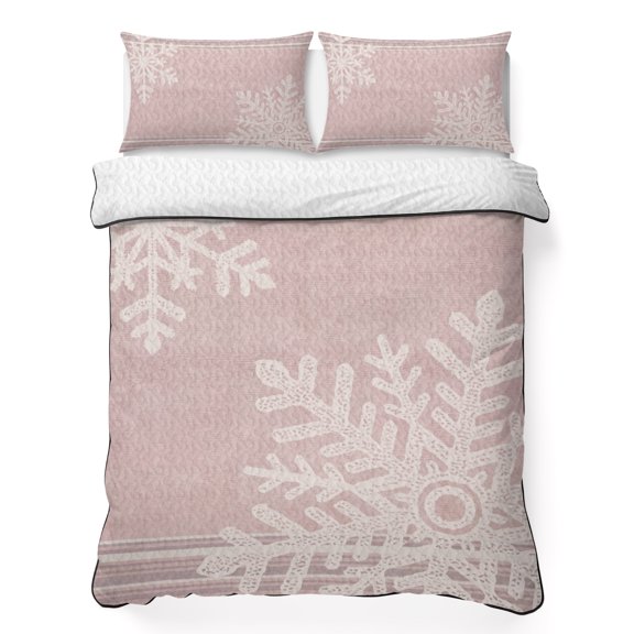 White Snowflake 3 Piece Quilt Bedding Set with 2 Pillow Shams, Winter Cottagecore Striped Border Blush Pink Lightweight Bedspread Coverlet, Soft Breathable All Season Quilt, 78 x 90 Inch
