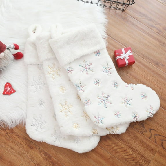 White Snowflake Embroidered Plush Velvet Candy Socks Christmas Stocking