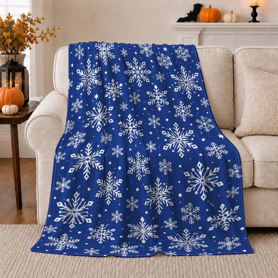 White Snowflake Pattern on Royal Blue Sofa, Clean Graphic Winter Art for Holiday Lovers, Snowfall Star Motif and Christmas Gift, Cozy Flannel Blanket for Bedroom and Living Room, Home Decor