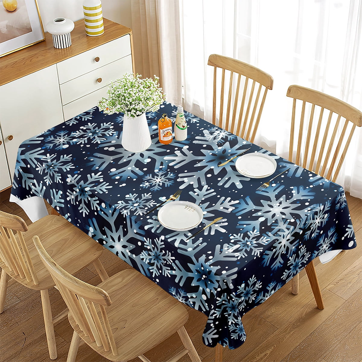 Math Rectangle Table Pictures White Snowflake Pattern Tablecloth Winter Snow Geometry Rectangle Table ...