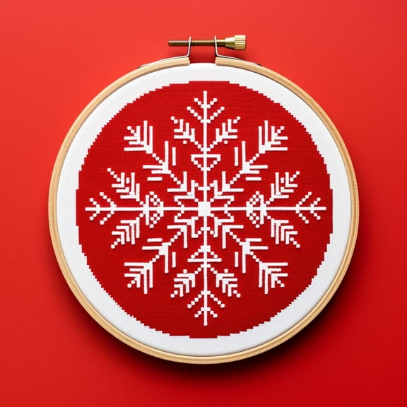 White Snowflake with Red Background DIY Stamped Cross Stitch Kits for Beginners Easy with Hoop 11CT Needlepoint Embroidery Counted Cross Stitch Kits Art Craft Wall Decoration 35x35cm(2)