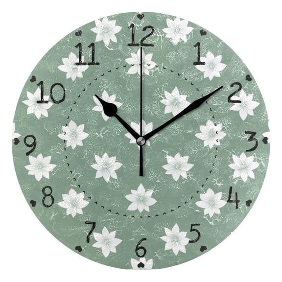 White Snowflake Textile Printing Round Wall Clock Silent Battery Operated Home Decor for Living Room Bedroom