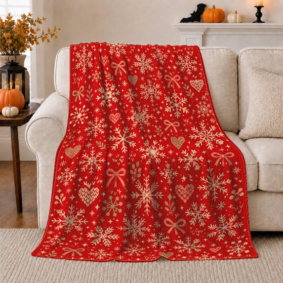 White Snowflakes and Hearts on Red, Festive Holiday Style for Christmas Lovers, Classic Winter Pattern and Christmas Gift, Warm Flannel Blanket for Family Room and Bedroom, Home Decor