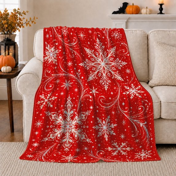 White Snowflakes with Silver Swirls on Red, Magical Holiday Style for Christmas Lovers, Sparkling Winter Flourish and Christmas Gift, Warm Flannel Blanket for Living Room and Bedroom, Home Decor