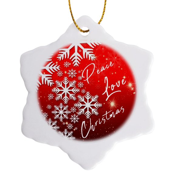 3drose, White Snowflakes, Stars on Red. Peace, Love, Christmas Greetings, 3 inch Snowflake Porcelain Ornament