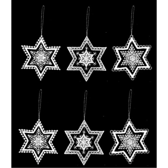 White Snowstars Stars German Lace Christmas Tree Ornaments Set of 6 Snowflakes