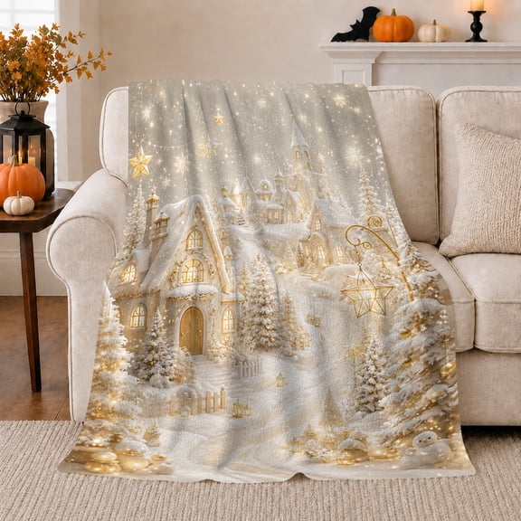 White Snowy Village with Glowing Cottages and Golden Stars, Peaceful Winter Village Style for Christmas Lovers, Warm Flannel Blanket for Living Room and Guest Room, Christmas Gift, Home Decor