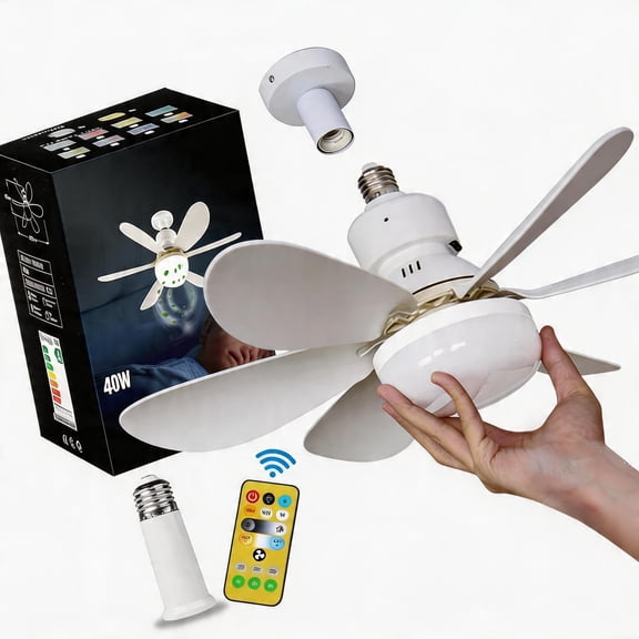 White Socket Ceiling Fan Light, 40W Silent LED Bulb Fan with Light, E26/E27 Screw-in Type with Remote Control, No Wiring Required