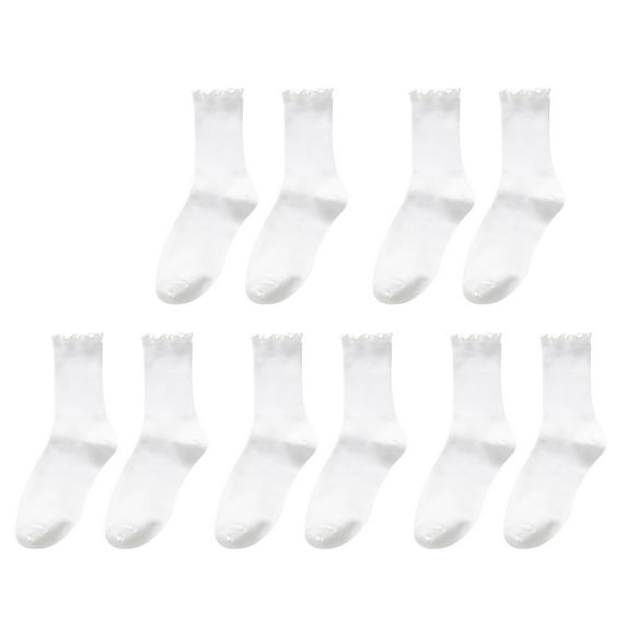 White Socks 5pc Socks for Women Ruffle Cuff Casual Socks Cute and Comfortable Knitted Ruffled Socks for All Seasons