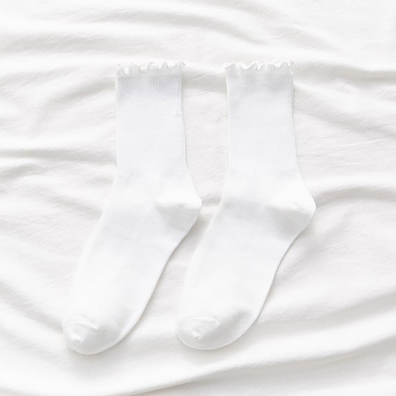 White Socks 5pc Women's Socks Ruffle Cuff Casual Socks Cute and Comfortable Knitted Ruffled Socks for All Seasons