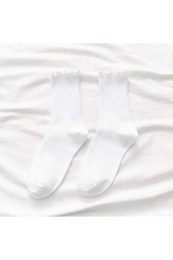 White Socks 5pc Women's Socks Ruffle Cuff Casual Socks Cute and Comfortable Knitted Ruffled Socks for All Seasons