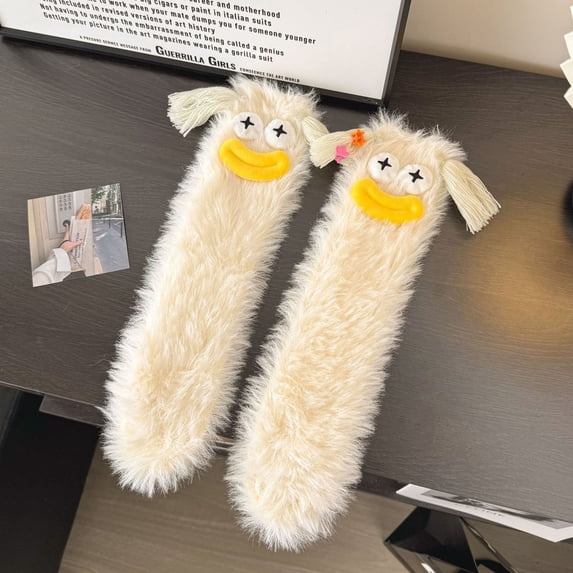 White Socks Women's Solid Color Funny Cute Cute Big Eyes Thickened Warm Plush Middle Tube Socks