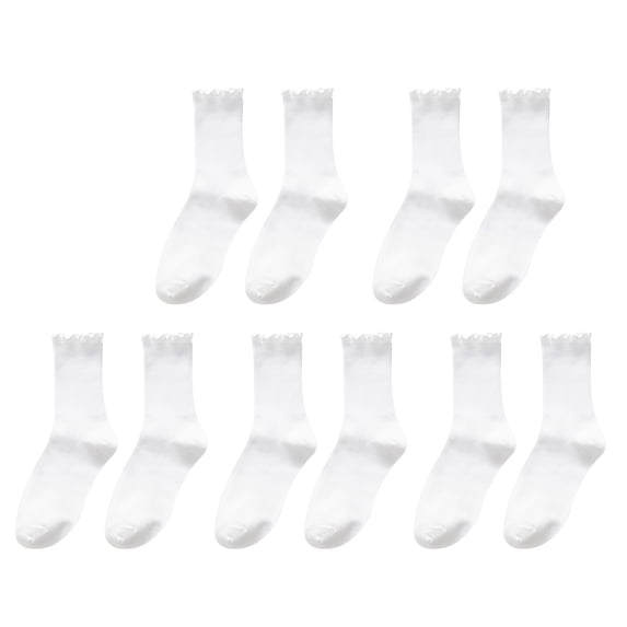 White Socks for Women 5pc Women's Socks Ruffle Cuff Casual Socks Cute and Comfortable Knitted Ruffled Socks for All Seasons
