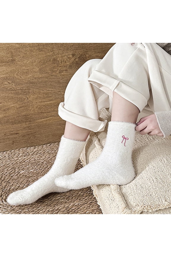 White Socks for Women Mink Fleece Socks Cold and Warm Keeping Korean Style Bow Decorated Mid Calf Socks Home Plush Sleep Socks on Sale Clearance