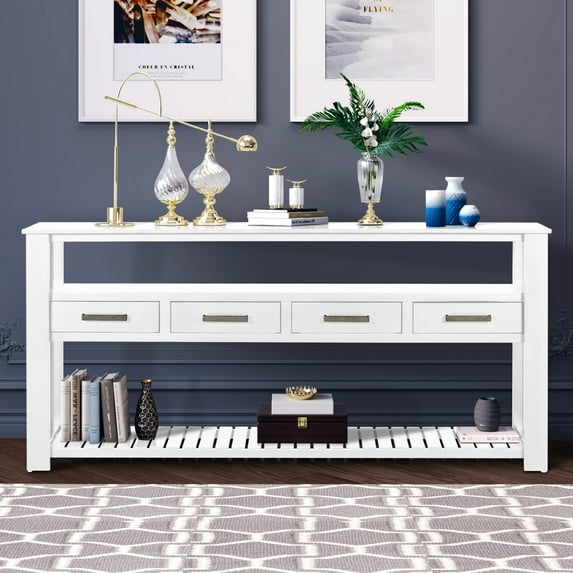 White Sofa Side Table, Atumon Storage Console Table, Modern Entryway Table, Wood Buffet Sideboard, Console Table with 4 Drawers and 2 Shelves, Console Table for Entryway Hallway Living Room