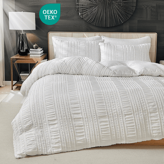 JOLUSERE White Duvet Cover King Sets, 3 Pieces Soft Breathable Striped Textured Comforter Cover Set