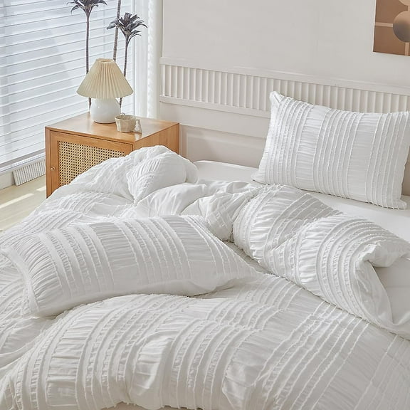 JOLUSERE White Duvet Cover Queen Sets, 3 Pieces Soft Breathable Striped Textured Comforter Cover Set