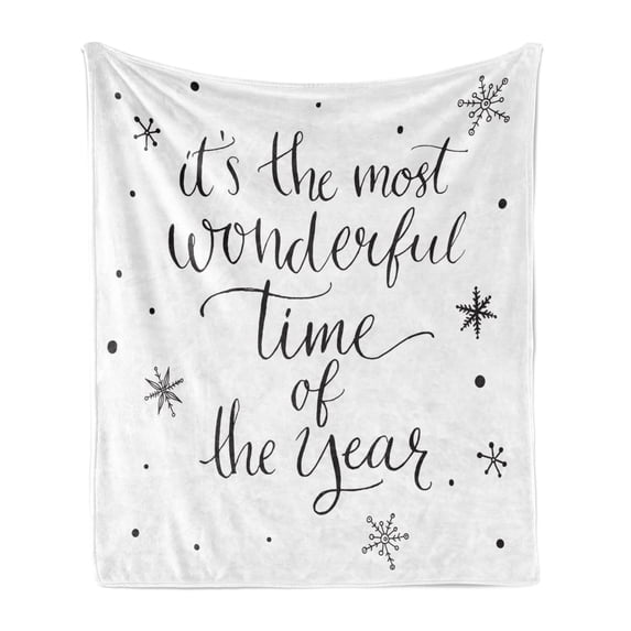 White Soft Flannel Fleece Blanket, Christmas Cheer Typographic Image with It's the Most Wonderful Time of the Year, Cozy Plush for Indoor and Outdoor Use, 60" x 80", Black and White, by Ambesonne