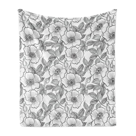 White Soft Flannel Fleece Blanket, Nostalgic Floral Repetition with Sketchy Budding and Blossoming Flowers, Cozy Plush for Indoor and Outdoor Use, 70" x 90", Charcoal Grey and White, by Ambesonne