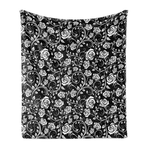 White Soft Flannel Fleece Blanket, Romantic Vintage Inspired Roses on Swirling Stems Monochromatic Valentine's Day, Cozy Plush for Indoor and Outdoor Use, 70" x 90", Black and White, by Ambesonne