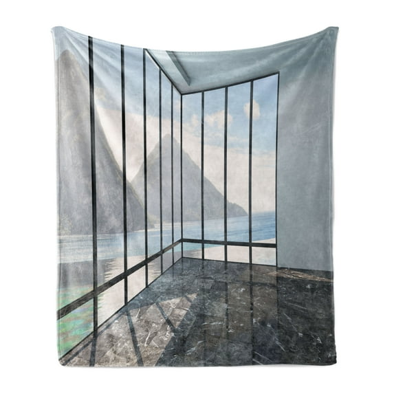 White Soft Flannel Fleece Throw Blanket, Mountain Ocean Sea Clouds Scenery from Glass Window Photograph, Cozy Plush for Indoor and Outdoor Use, 60" x 80", Charcoal Grey Sky Blue, by Ambesonne