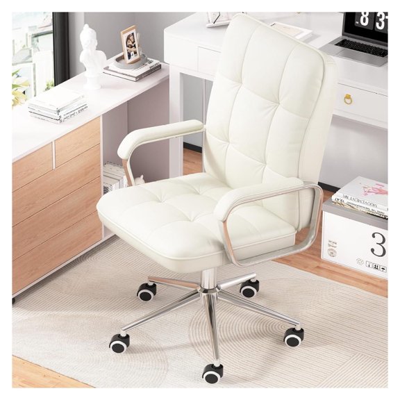 White Soft Leather Home Office Desk Chair, Swivel Computer Chair with Wheels and Padded Arms, Adjustable Height and Tilt