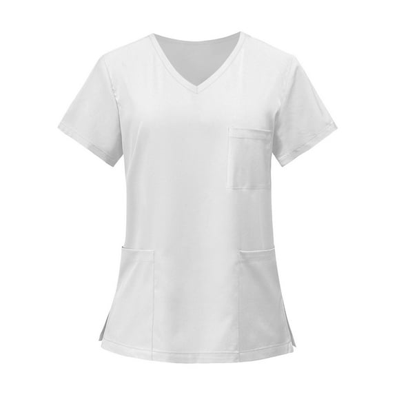 White Soft Stretch V-Neck Scrub Tops for Women – Classic Fit with 3 Utility Pockets M