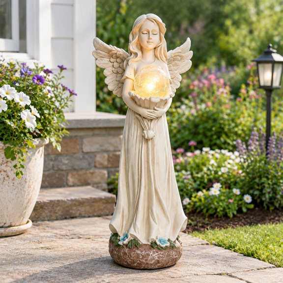 White Solar Angel Statue for Garden, Cemetery, Outdoor Decor with Glowing Orb Light