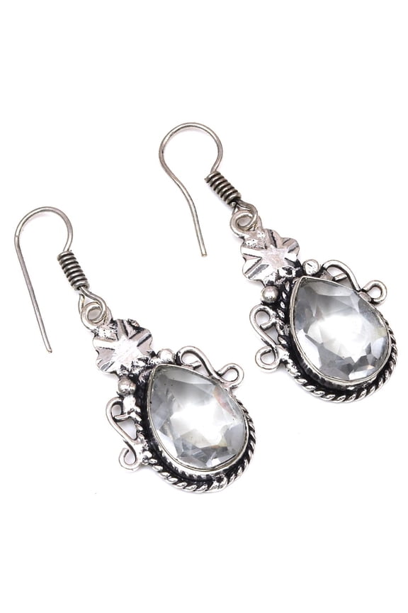 White Solar Quartz Gemstone Gift For Her Silver Jewelry Earrings 1.5''