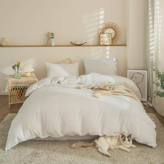 White Solid Bedding Sets King All White Duvet Cover Set Solid Pattern Washed Microfiber, No Filling