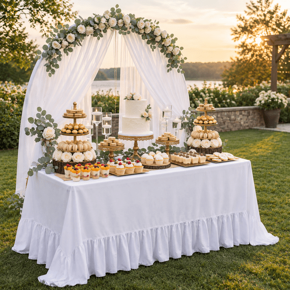 White Solid Color 4 Pack 90 x 132 Inch Ruffled Rectangular Polyester Tablecloth