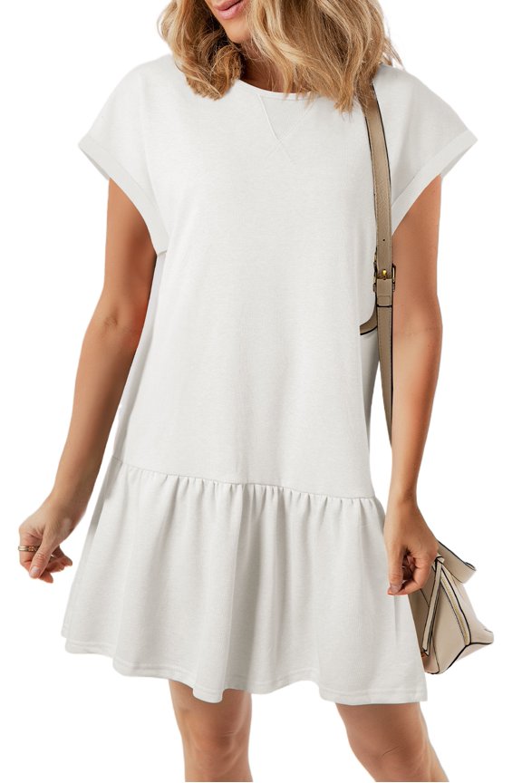 White Solid Color Short Sleeve T-Shirt Dress for Women – Perfect for Casual Outings, L