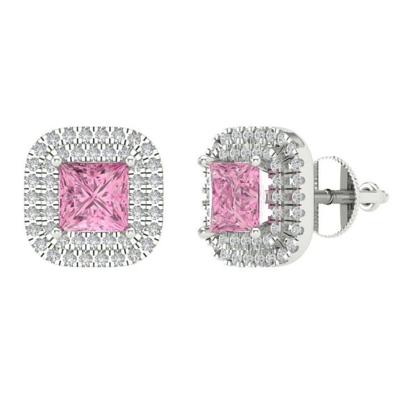 1.73 ct Screw-Back Stud Earrings for Women | 5mm Princess Cut Simulated Pink Diamond | 18K White Gold