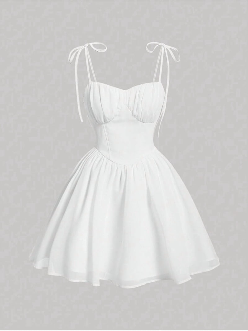 ruched bust milkmaid dress White Solid Knot Shoulder Ruched Bust Milkmaid Cami Dress, A-Line Mini  Dress For Women