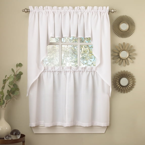 White Solid Opaque Rib Cord Kitchen Curtains Choice Of Tiers Valance Or Swag